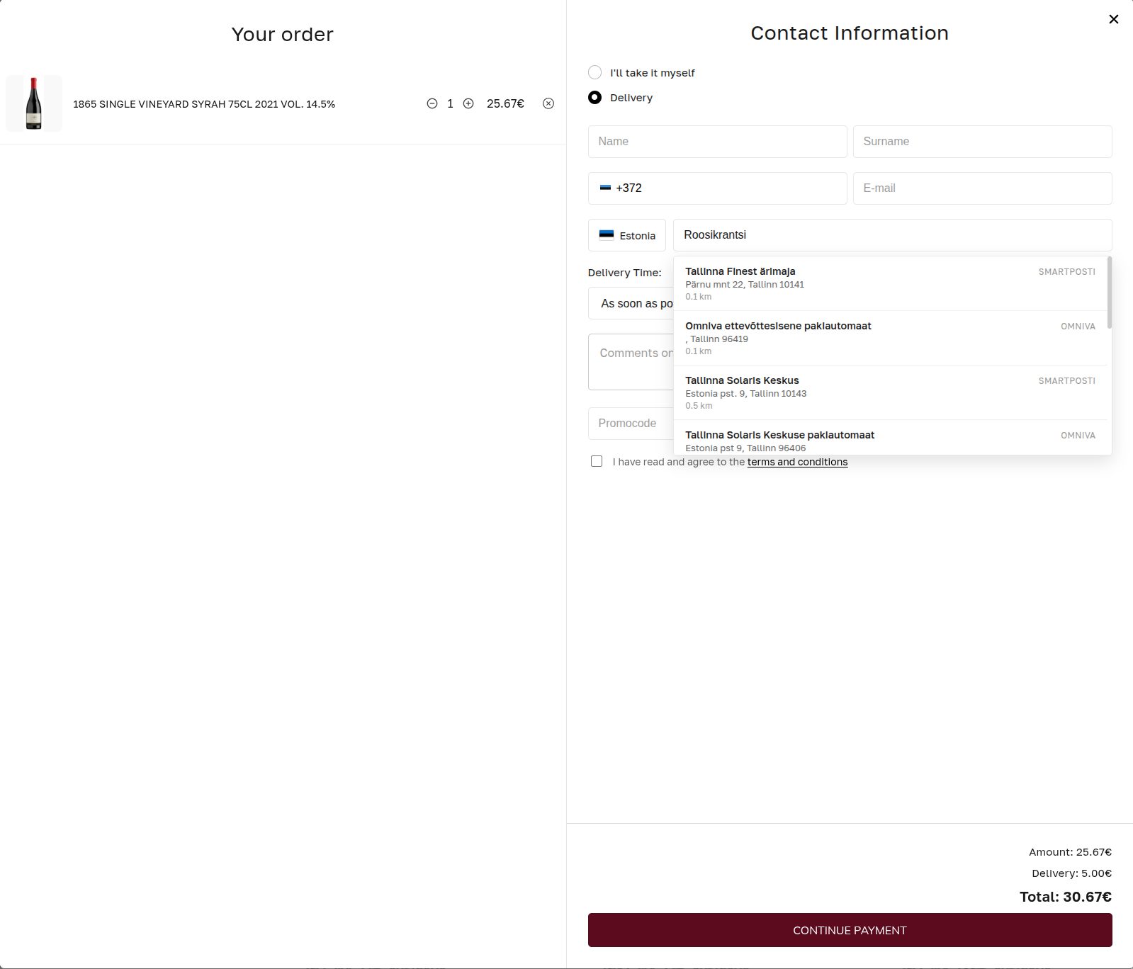 Checkout with parcel locker selection and Montonio payment