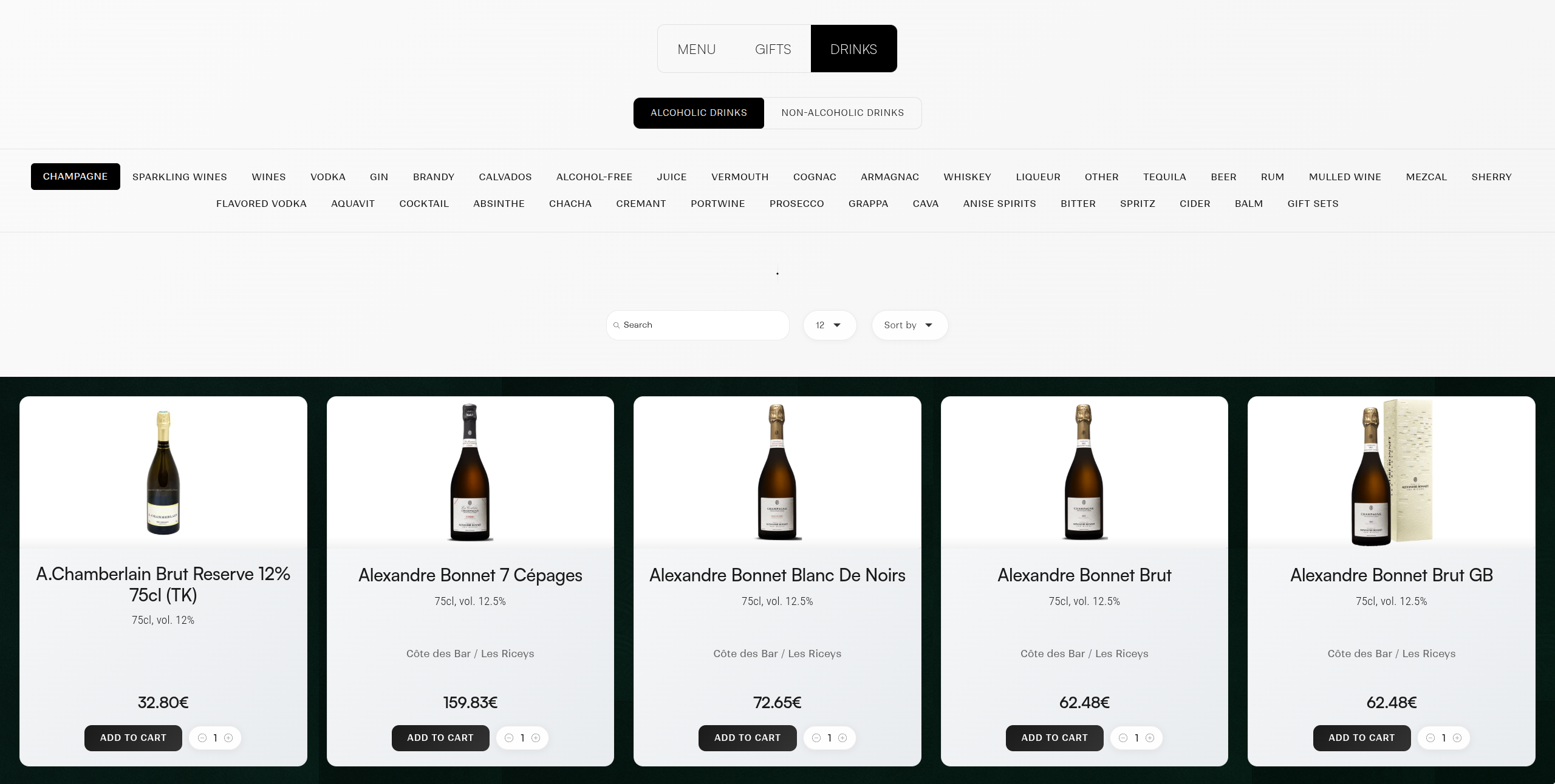 Drinks section on the Maitsev Sushi website