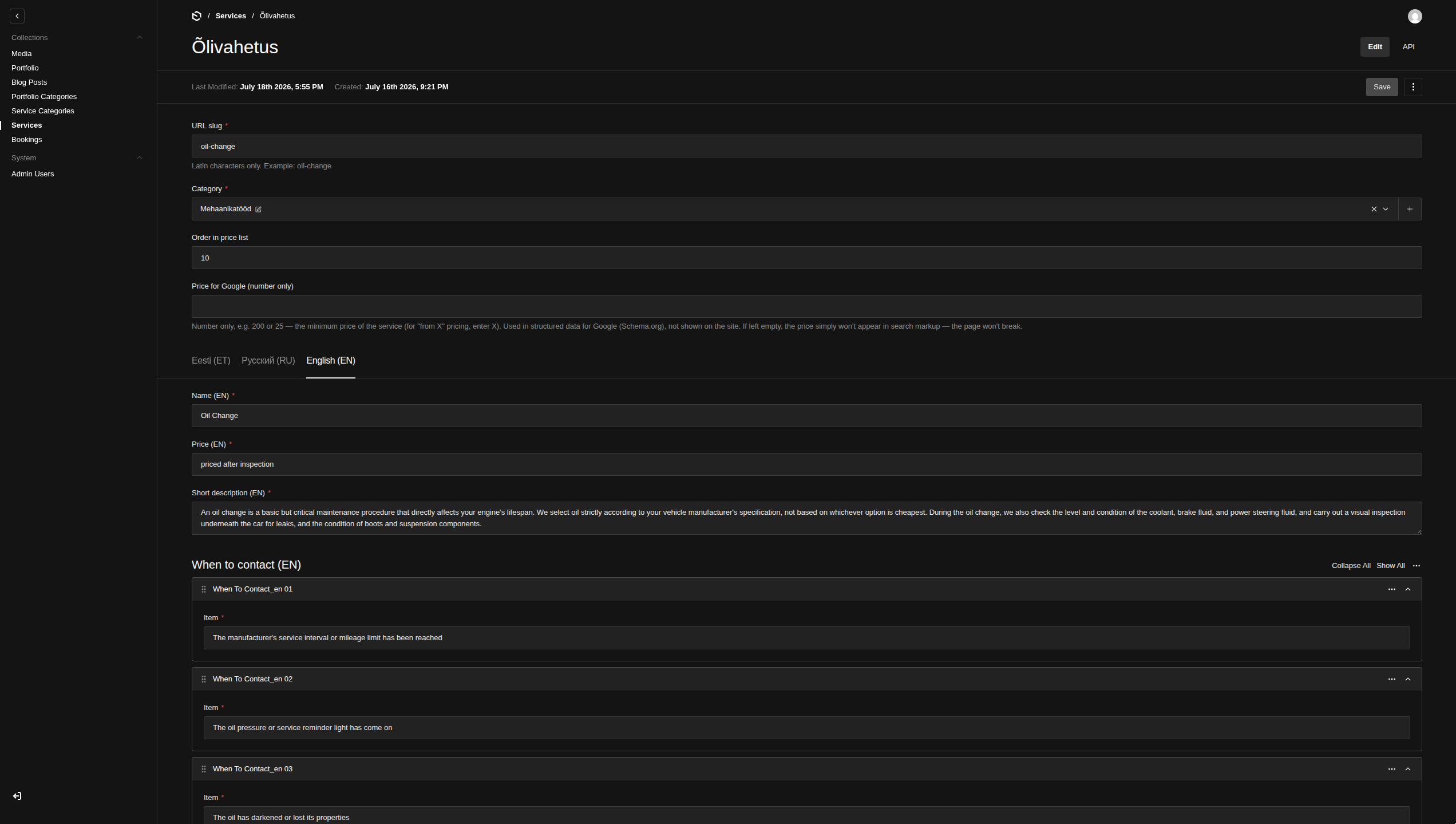 Editing services and prices in Payload CMS