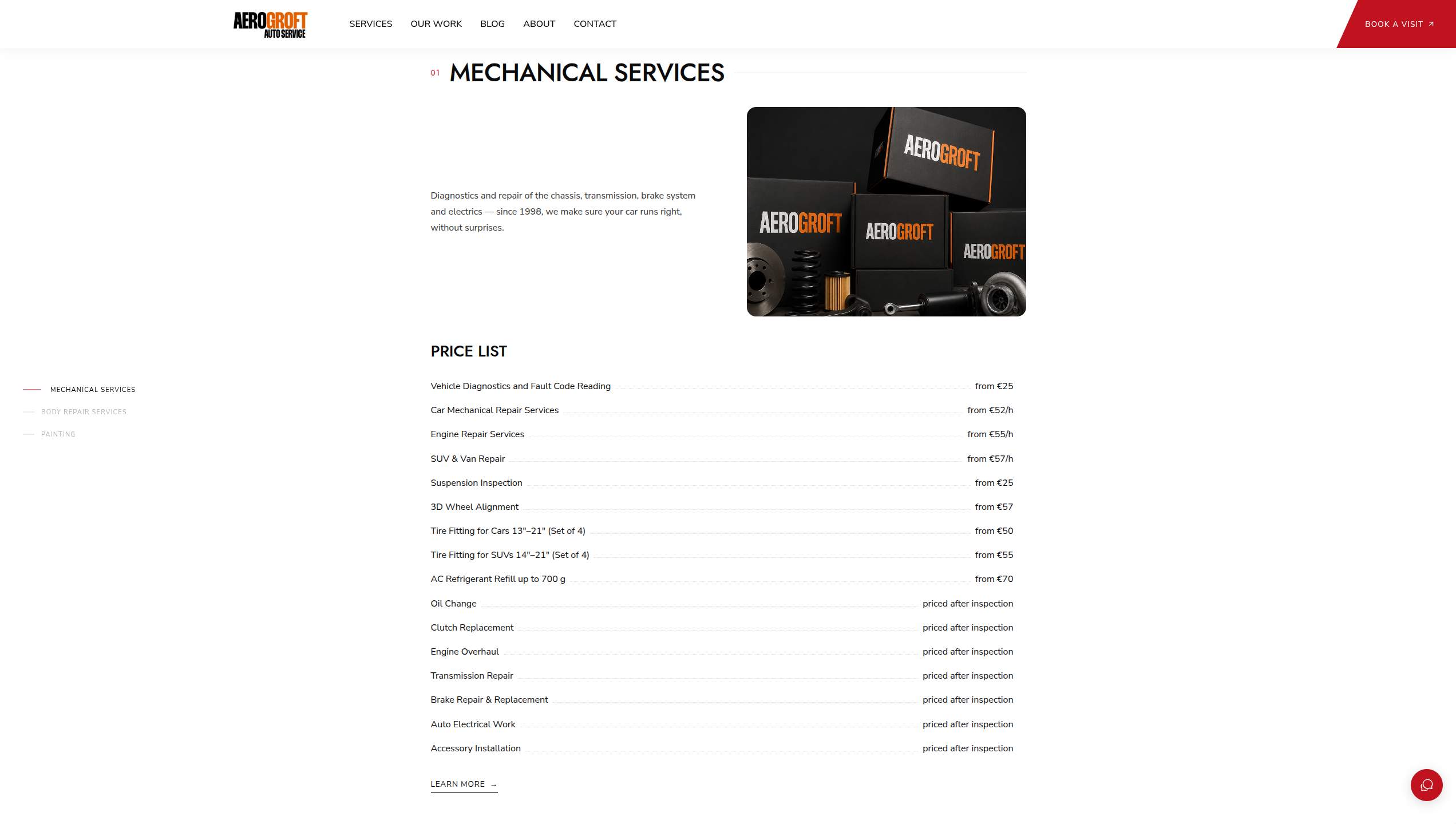 Price list on the Aerogroft Auto Service website