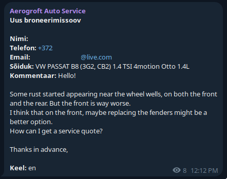 A new repair request arriving in Telegram